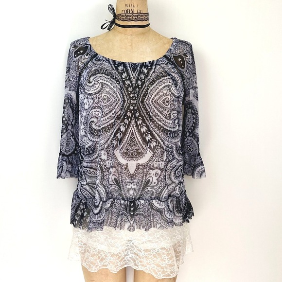 INC International Concepts Tops - Y2K Womens M Sheer Paisley Mesh Ruffle Blouse Whimsical Fairy Grunge Festival